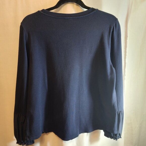 CHICOS ZENERGY TOP SIZE 2 WOMENS LARGE 12 NAVY BLUE LONG RUFFLED SLEEVE RELAXED - Picture 5 of 7